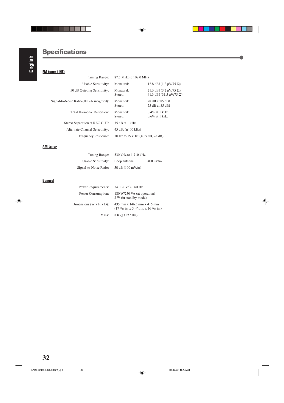 Specifications, English | JVC RX-5022VSL User Manual | Page 71 / 72