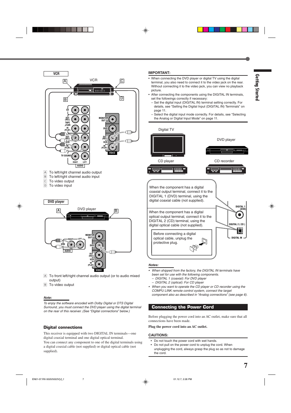 Getting started, Connecting the power cord, Digital connections | JVC RX-5022VSL User Manual | Page 9 / 72