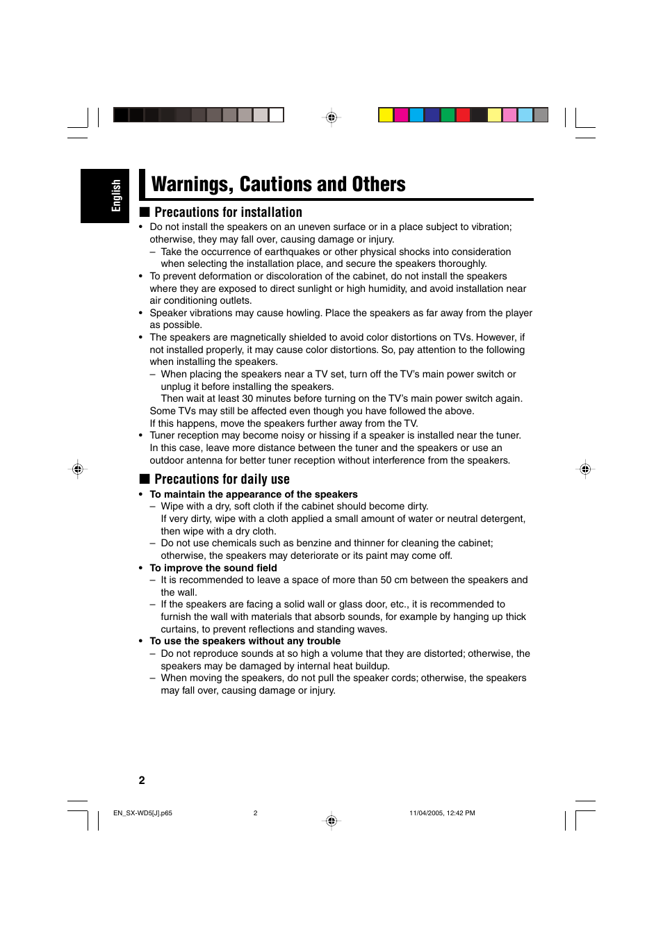 Warnings, cautions and others, Precautions for installation, Precautions for daily use | JVC SX-WD5 User Manual | Page 2 / 10