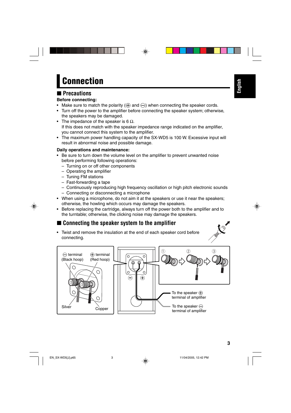 Connection, Precautions, Connecting the speaker system to the amplifier | JVC SX-WD5 User Manual | Page 3 / 10
