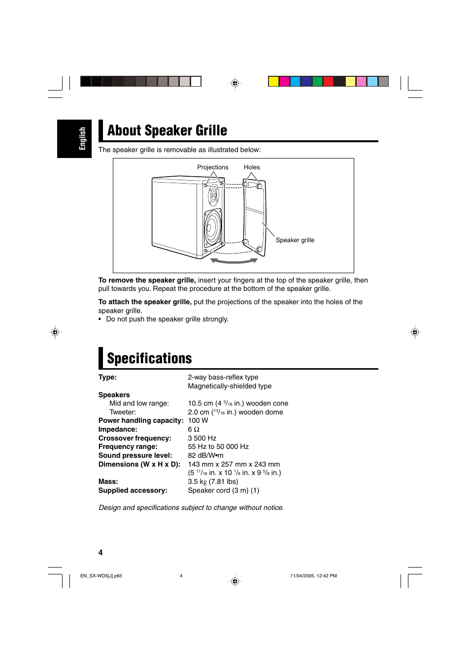 About speaker grille, Specifications | JVC SX-WD5 User Manual | Page 4 / 10