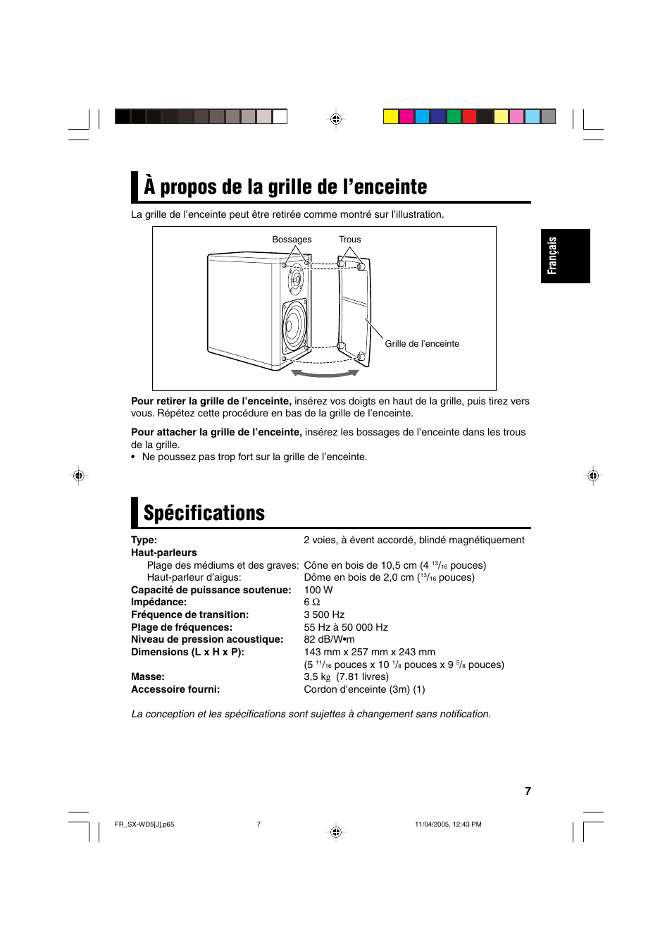 À propos de la grille de l’enceinte, Spécifications | JVC SX-WD5 User Manual | Page 7 / 10