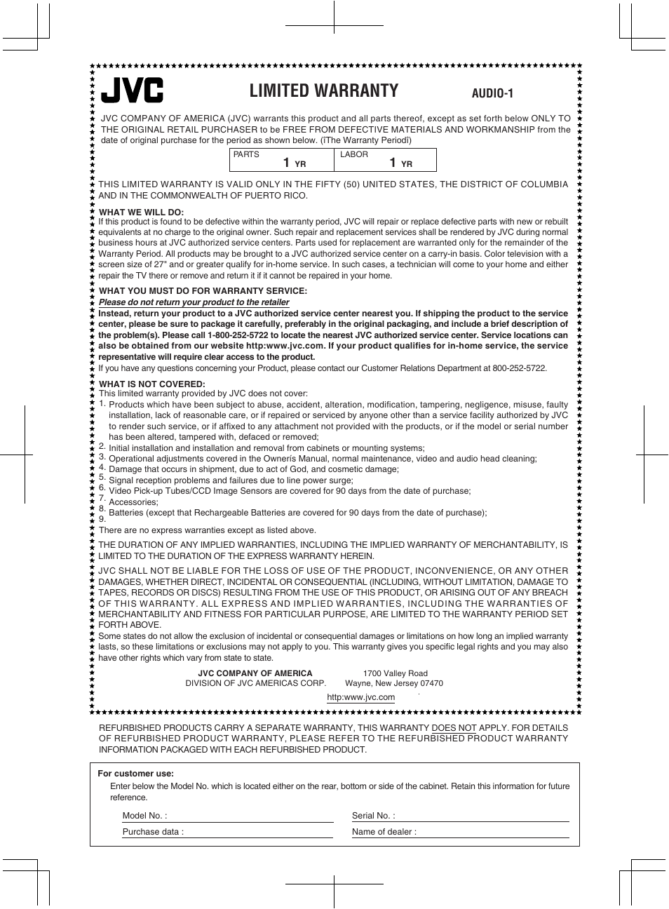 Limited warranty, Audio-1 | JVC SX-WD5 User Manual | Page 8 / 10