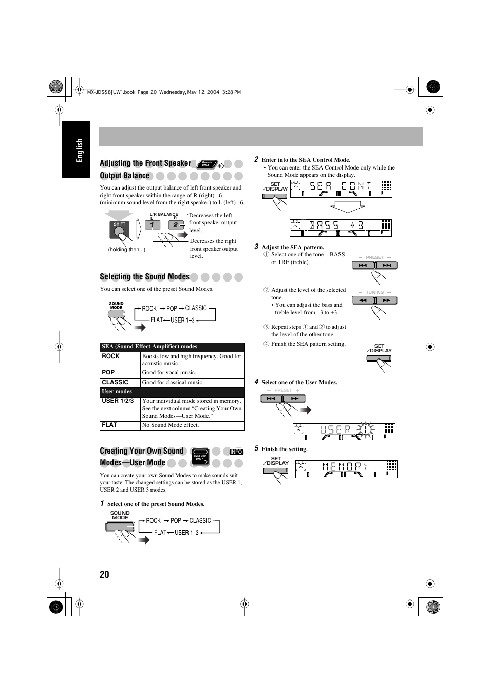 English adjusting the front speaker output balance, Selecting the sound modes, Creating your own sound modes—user mode | JVC CA-MXJD8 User Manual | Page 150 / 186