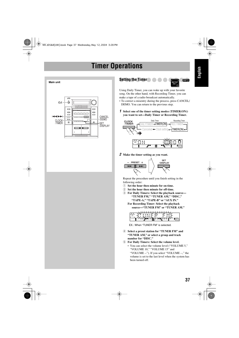 Timer operations, English, Setting the timer | JVC CA-MXJD8 User Manual | Page 167 / 186