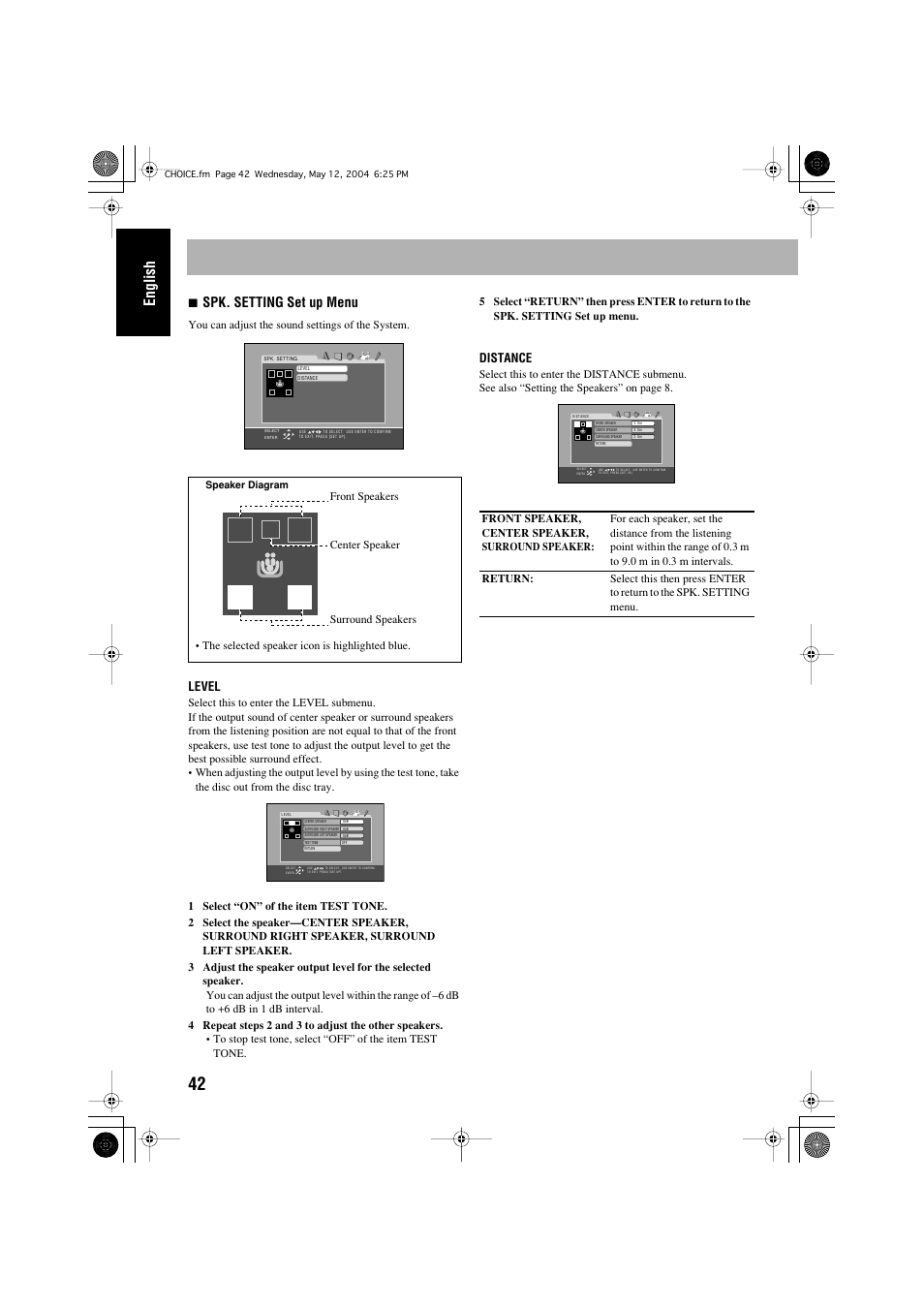 English, 7spk. setting set up menu, Level | Distance | JVC CA-MXJD8 User Manual | Page 172 / 186