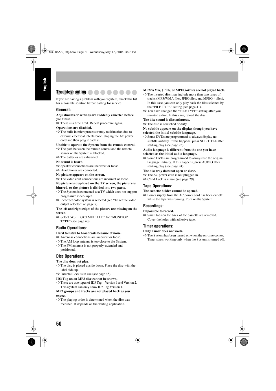 English troubleshooting | JVC CA-MXJD8 User Manual | Page 180 / 186