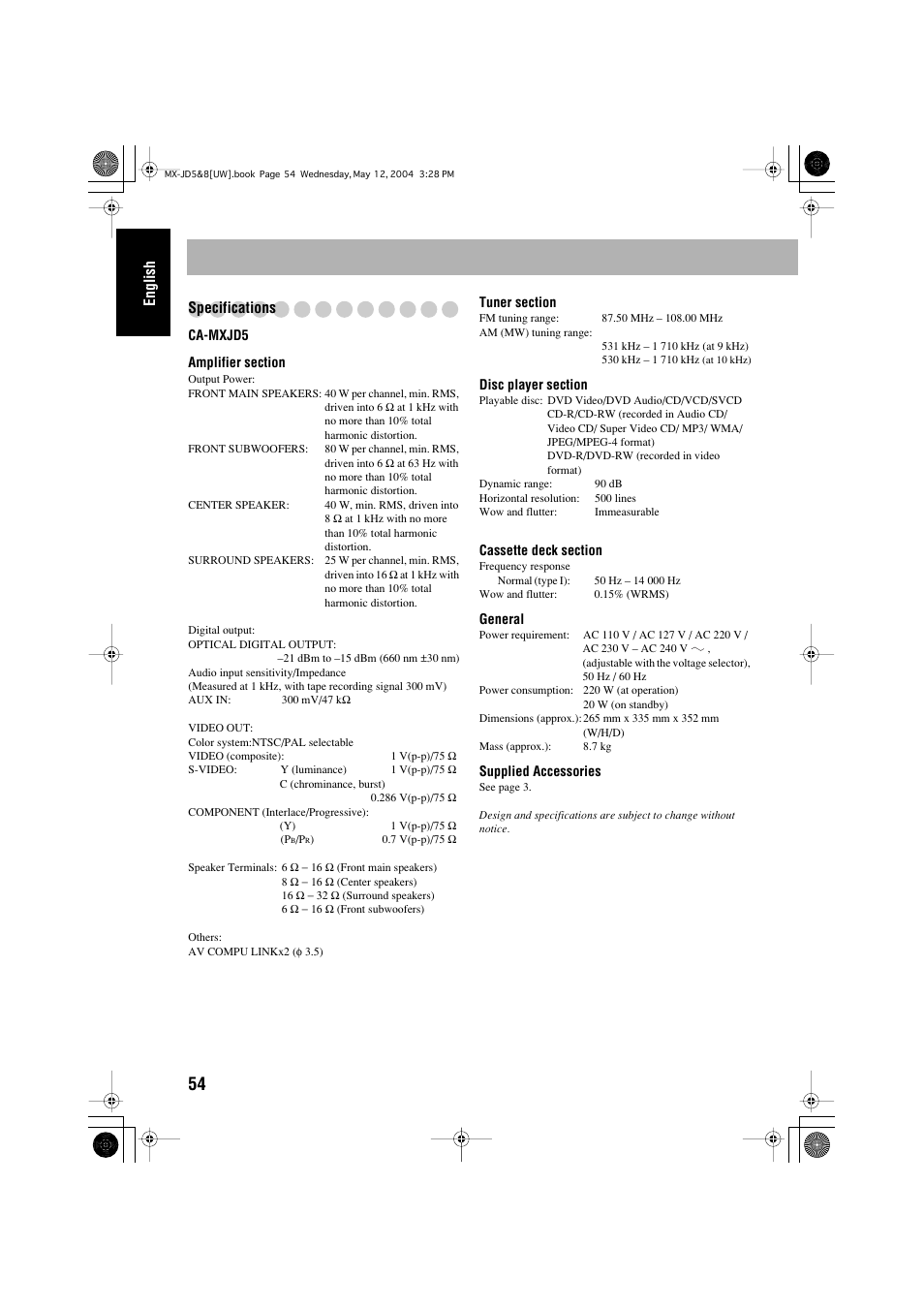 English specifications | JVC CA-MXJD8 User Manual | Page 184 / 186