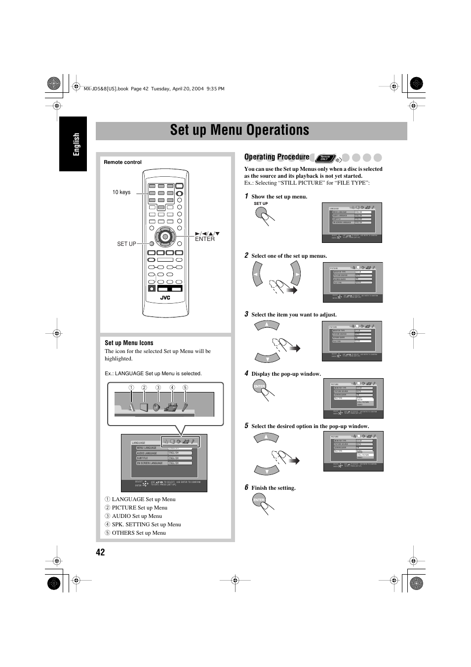 Set up menu operations, English, Operating procedure | Set up menu icons, Show the set up menu, Select one of the set up menus, Select the item you want to adjust, Display the pop-up window, Select the desired option in the pop-up window, Finish the setting | JVC CA-MXJD8 User Manual | Page 46 / 186