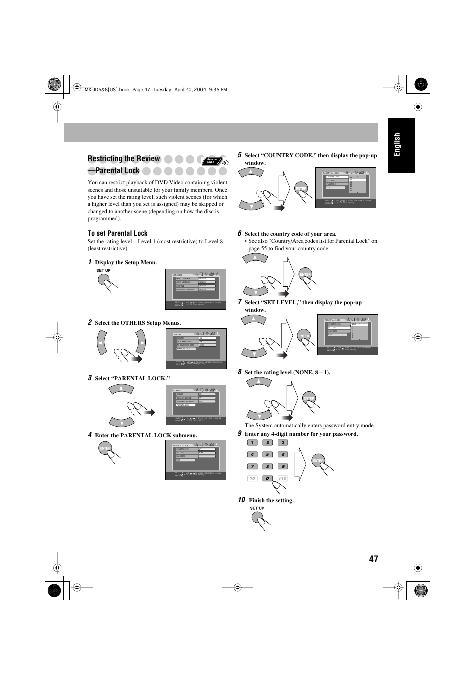 English restricting the review —parental lock, Display the setup menu, Select the others setup menus | Select “parental lock, Enter the parental lock submenu, Select “set level,” then display the pop-up window, Enter any 4-digit number for your password, Finish the setting | JVC CA-MXJD8 User Manual | Page 51 / 186