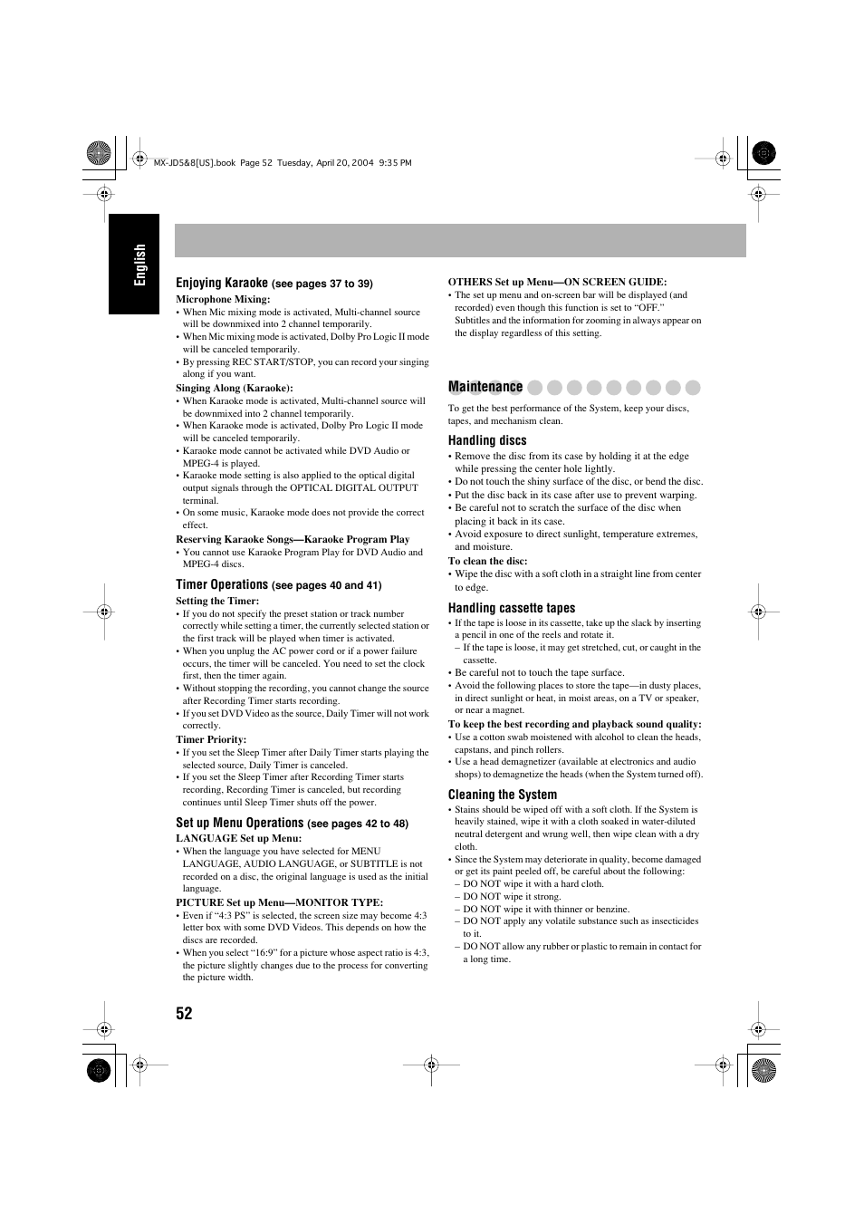 English, Maintenance | JVC CA-MXJD8 User Manual | Page 56 / 186