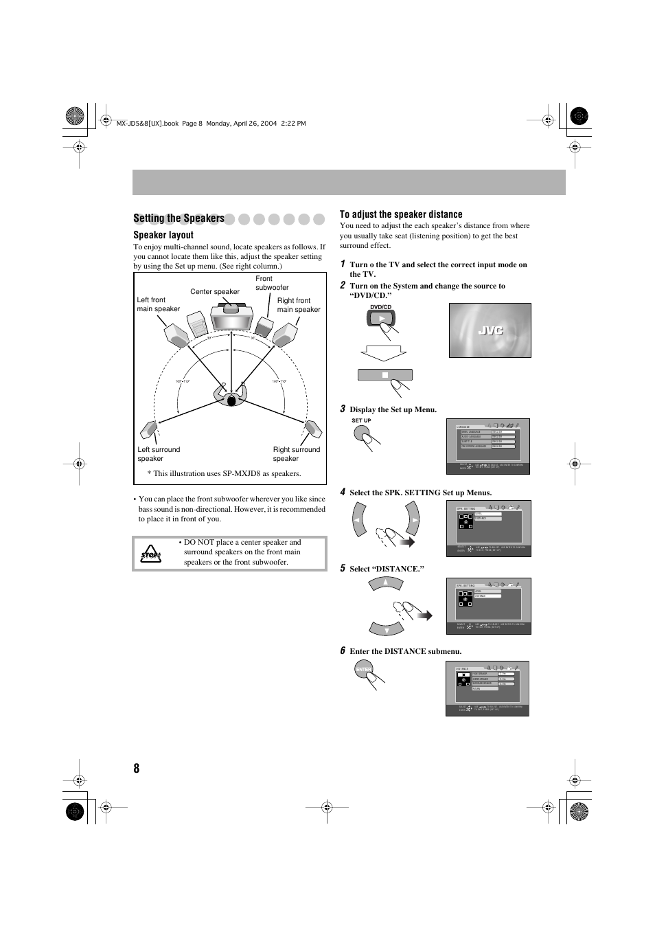 Setting the speakers, Speaker layout | JVC CA-MXJD8 User Manual | Page 75 / 186