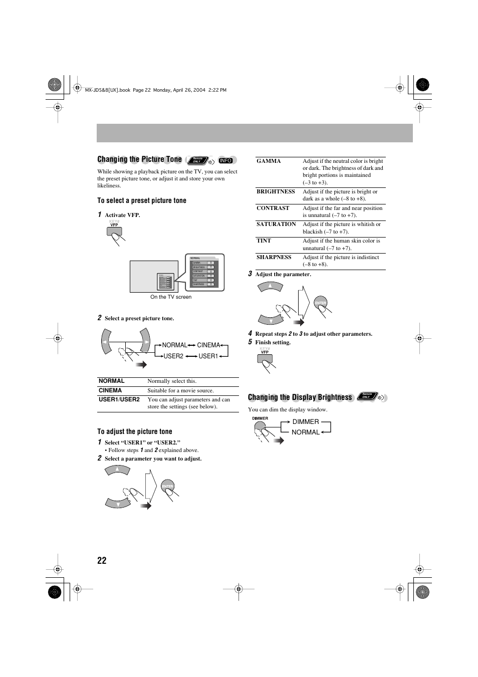 Changing the picture tone, Changing the display brightness | JVC CA-MXJD8 User Manual | Page 89 / 186