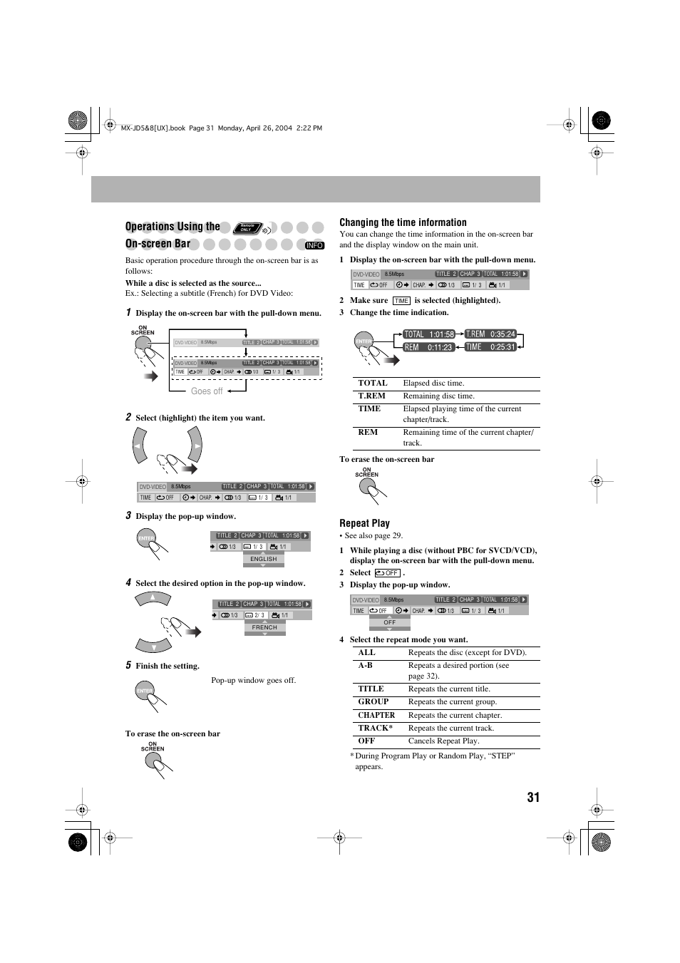 Operations using the on-screen bar, Changing the time information, Repeat play | JVC CA-MXJD8 User Manual | Page 98 / 186