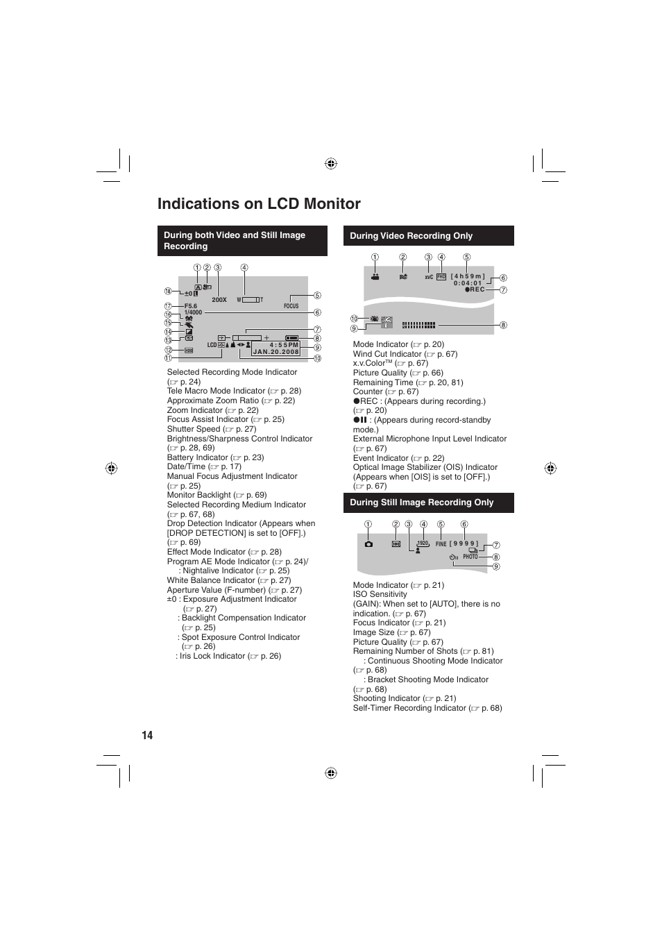 Indications on lcd monitor | JVC Everio GZ-HD6 User Manual | Page 14 / 84