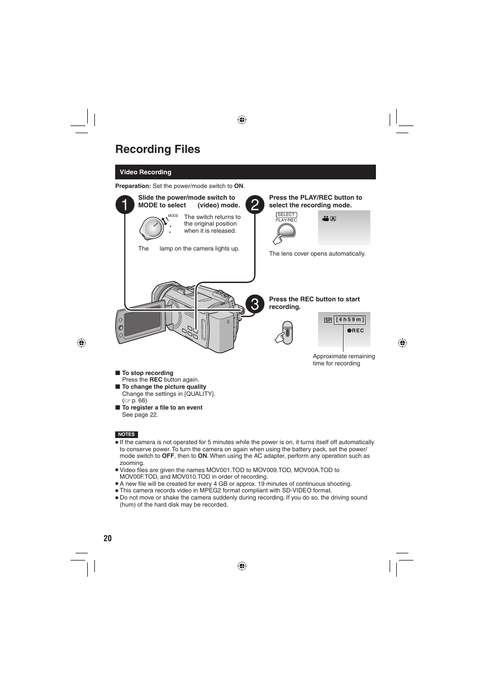 Recording files | JVC Everio GZ-HD6 User Manual | Page 20 / 84