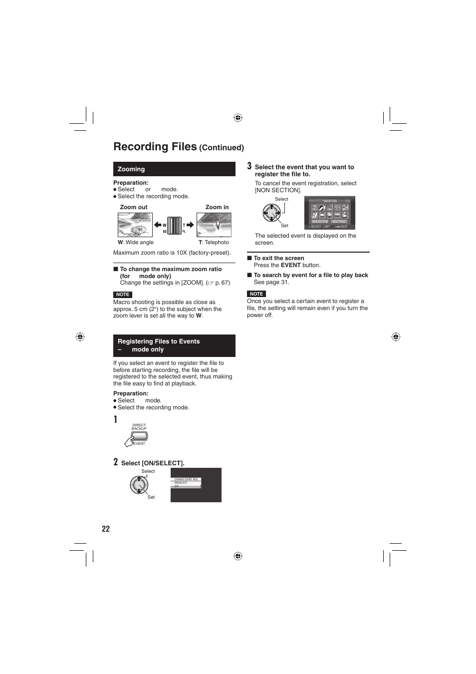Recording files, Continued) | JVC Everio GZ-HD6 User Manual | Page 22 / 84