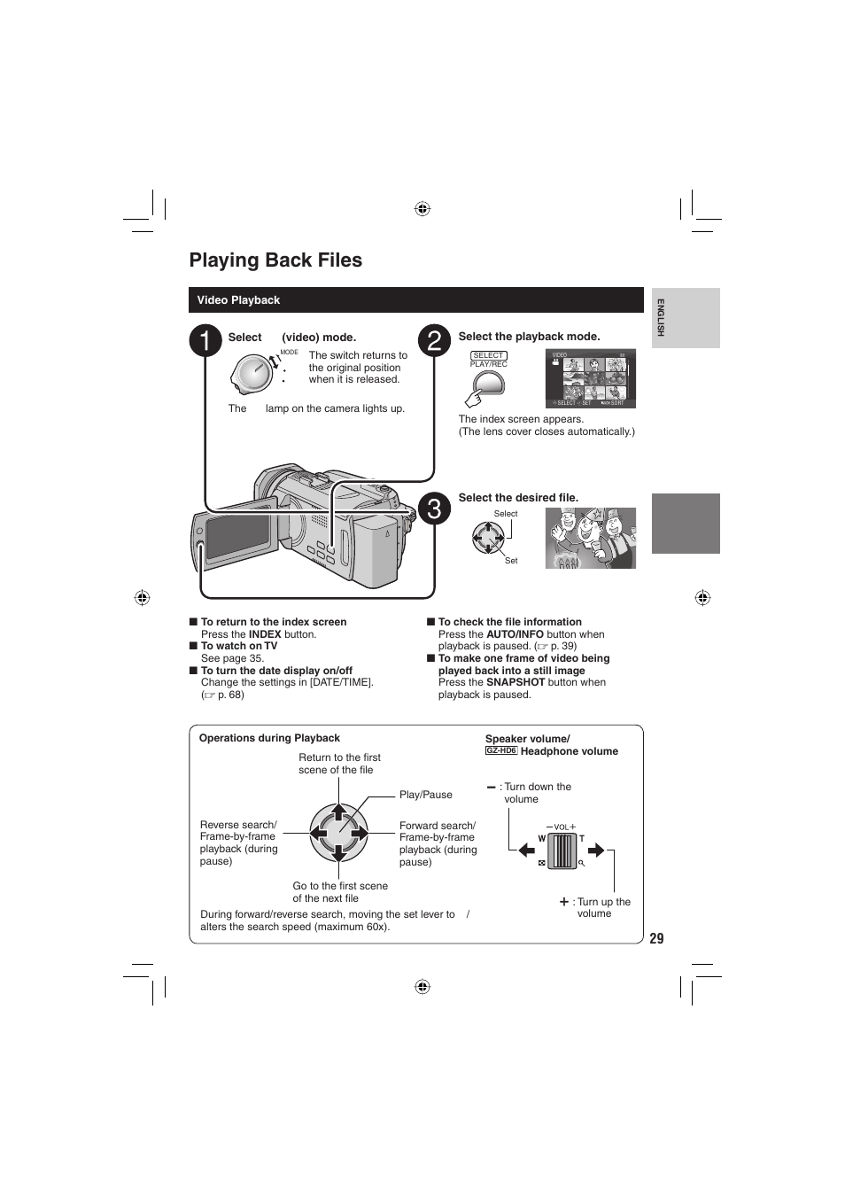 Playing back files | JVC Everio GZ-HD6 User Manual | Page 29 / 84