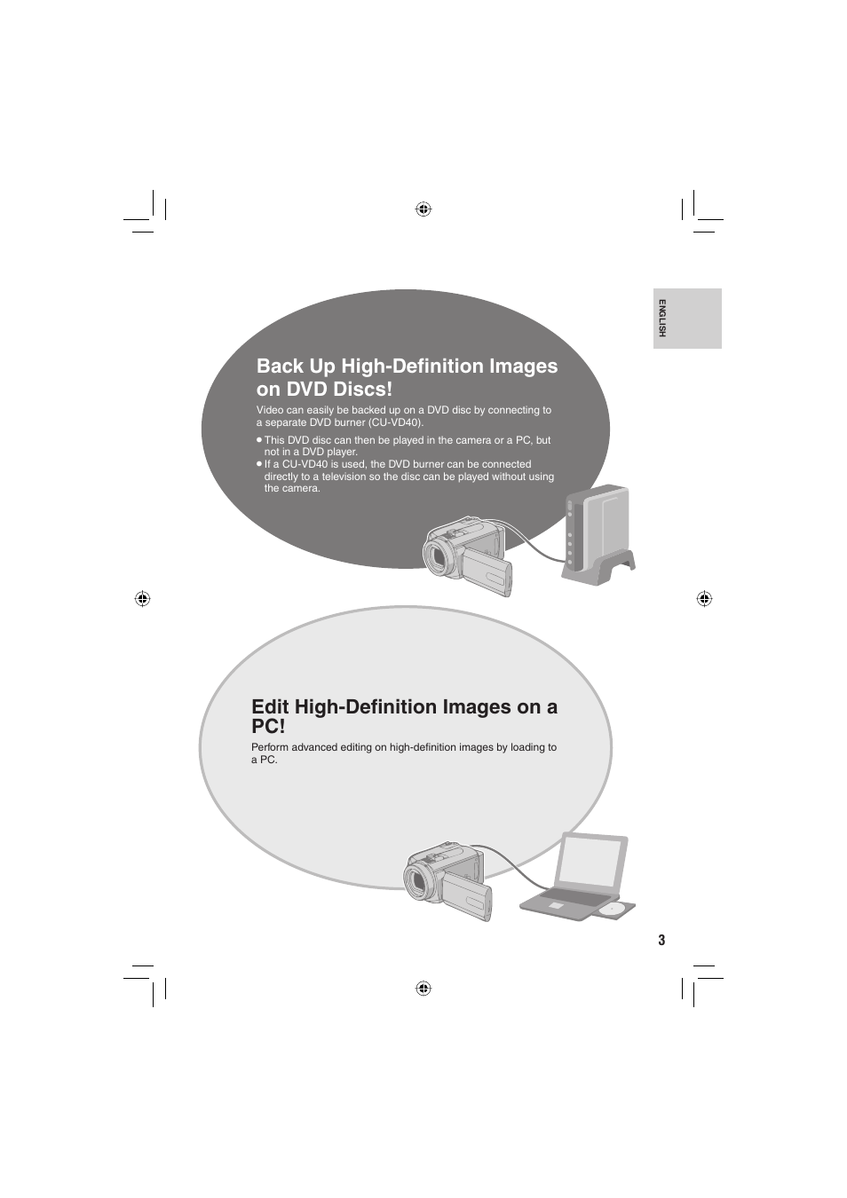 Back up high-defi nition images on dvd discs, Edit high-defi nition images on a pc | JVC Everio GZ-HD6 User Manual | Page 3 / 84