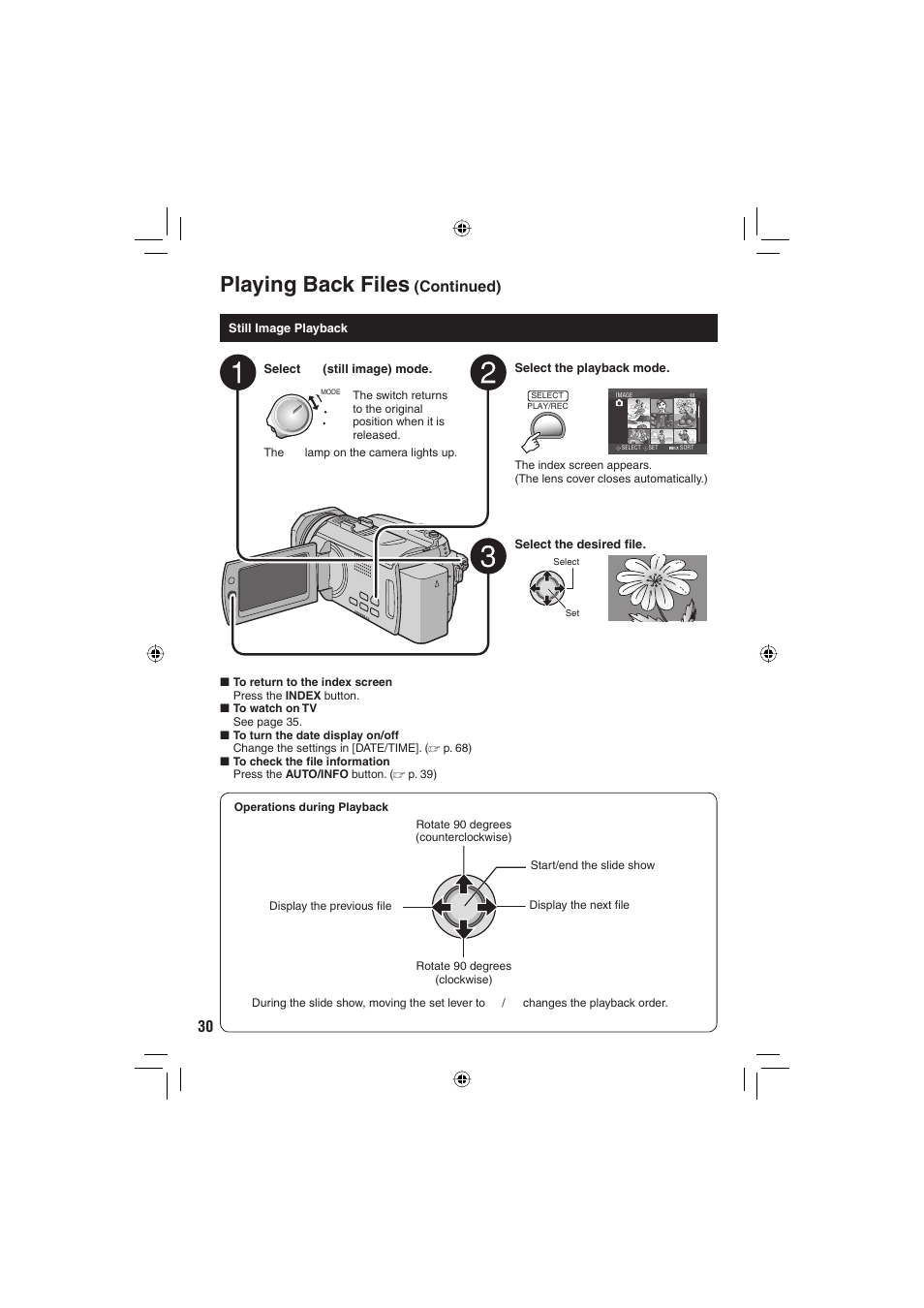 Playing back files, Continued) | JVC Everio GZ-HD6 User Manual | Page 30 / 84