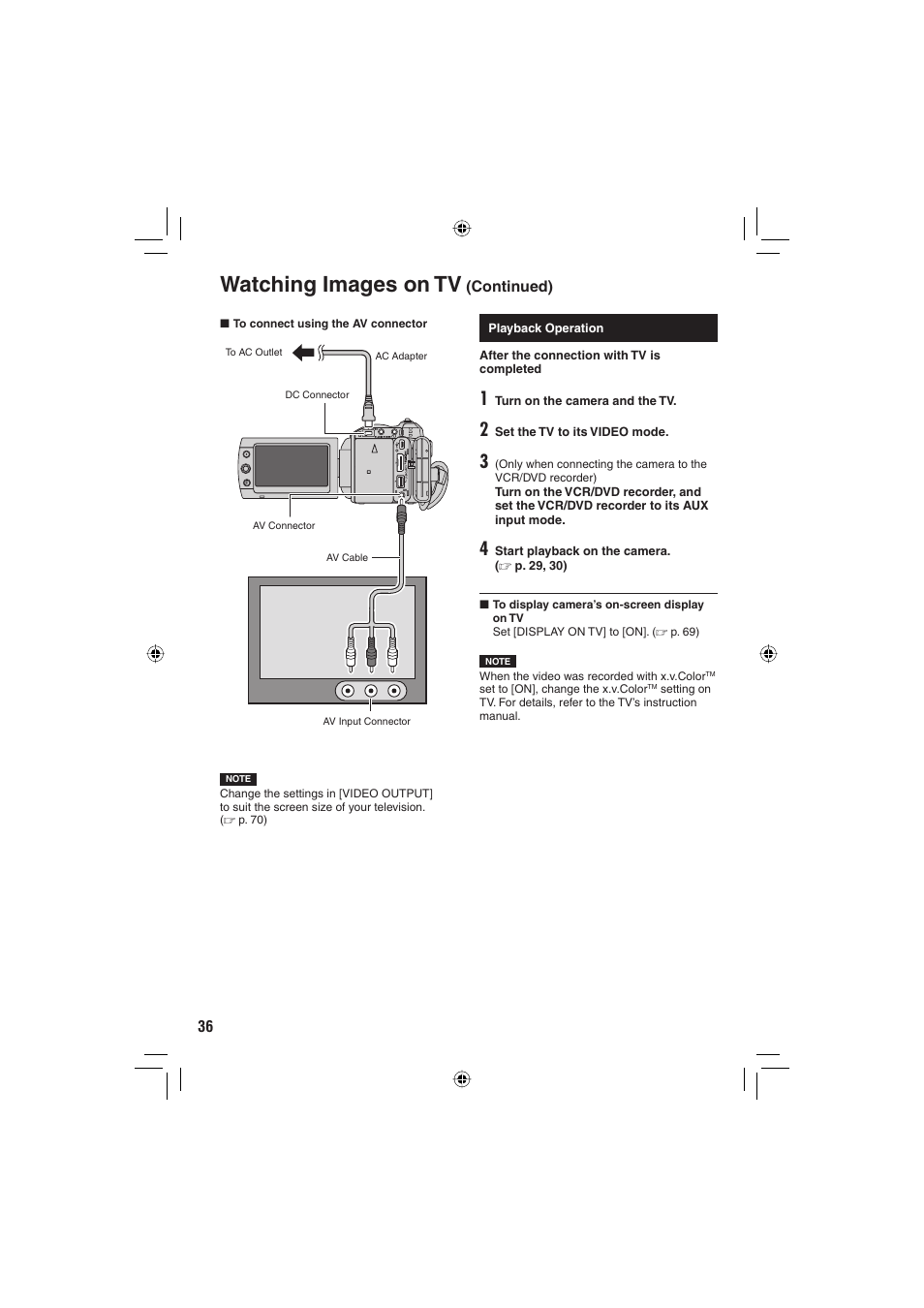 Watching images on tv, Continued) | JVC Everio GZ-HD6 User Manual | Page 36 / 84