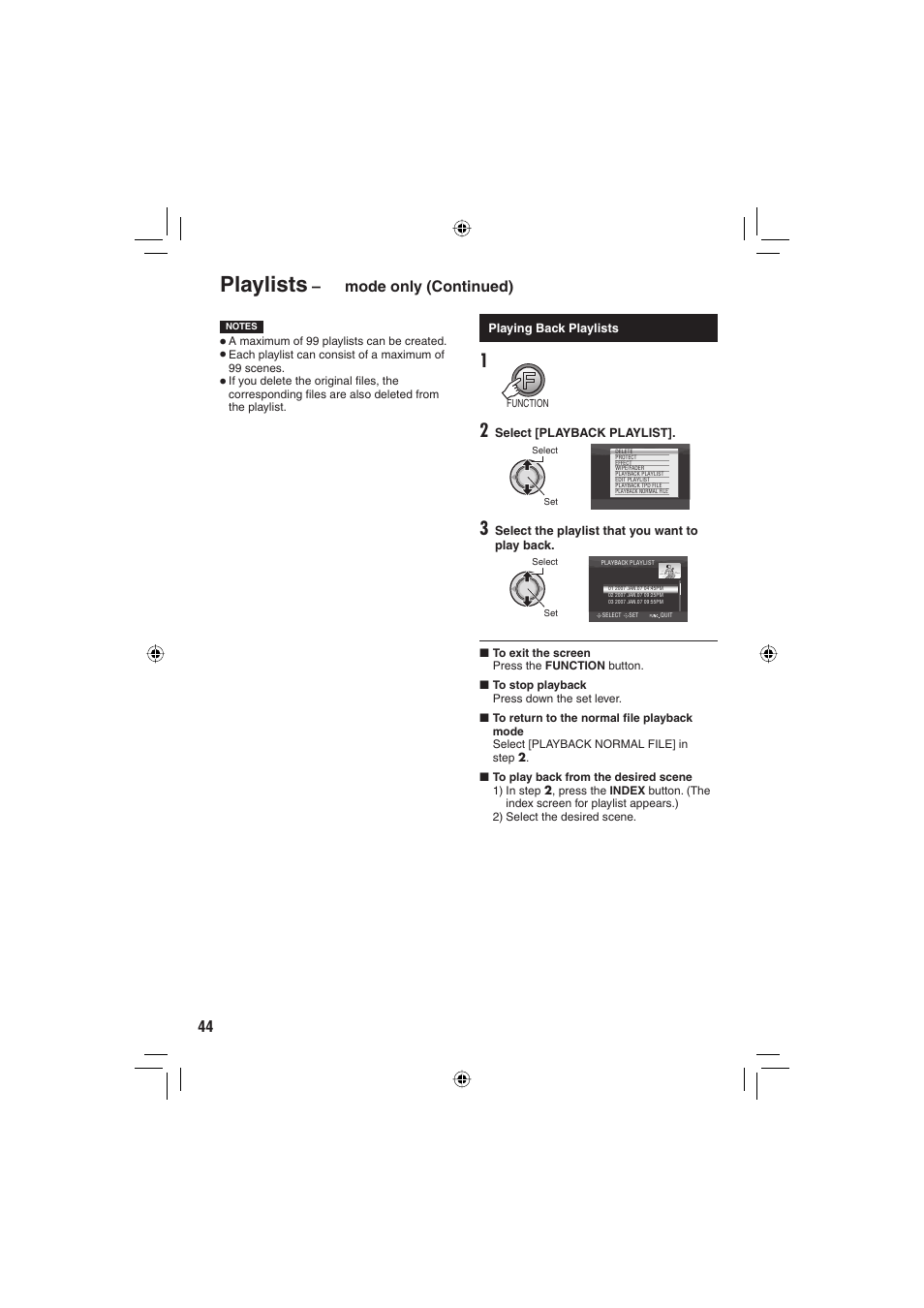 Playlists, Mode only (continued) | JVC Everio GZ-HD6 User Manual | Page 44 / 84