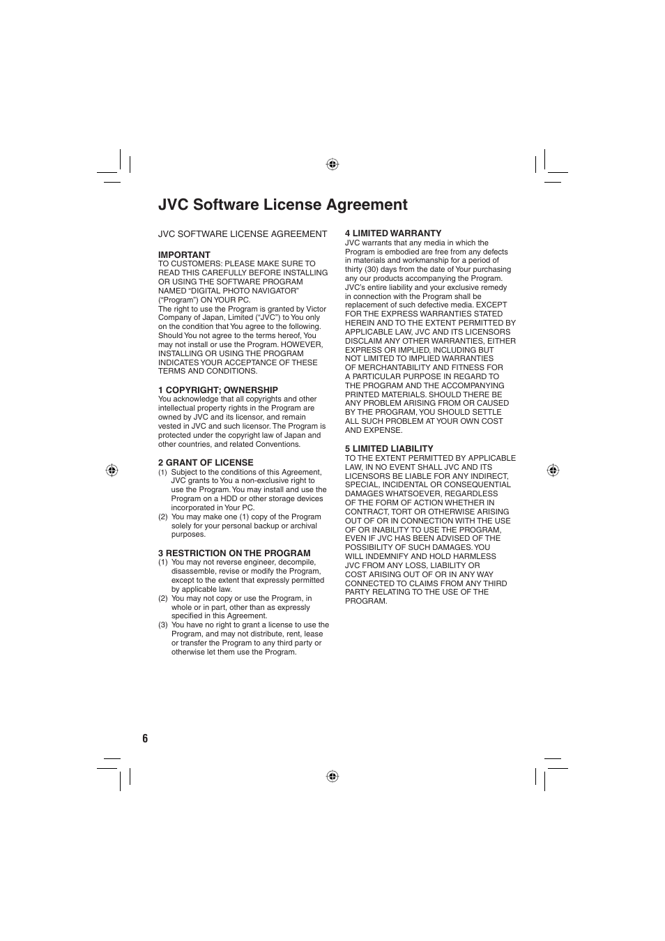 Jvc software license agreement | JVC Everio GZ-HD6 User Manual | Page 6 / 84