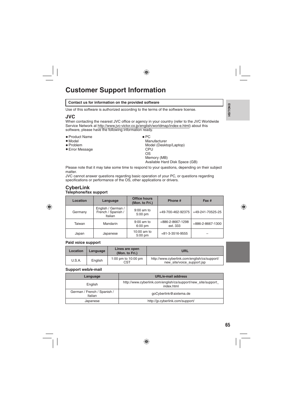 Customer support information, Cyberlink | JVC Everio GZ-HD6 User Manual | Page 65 / 84