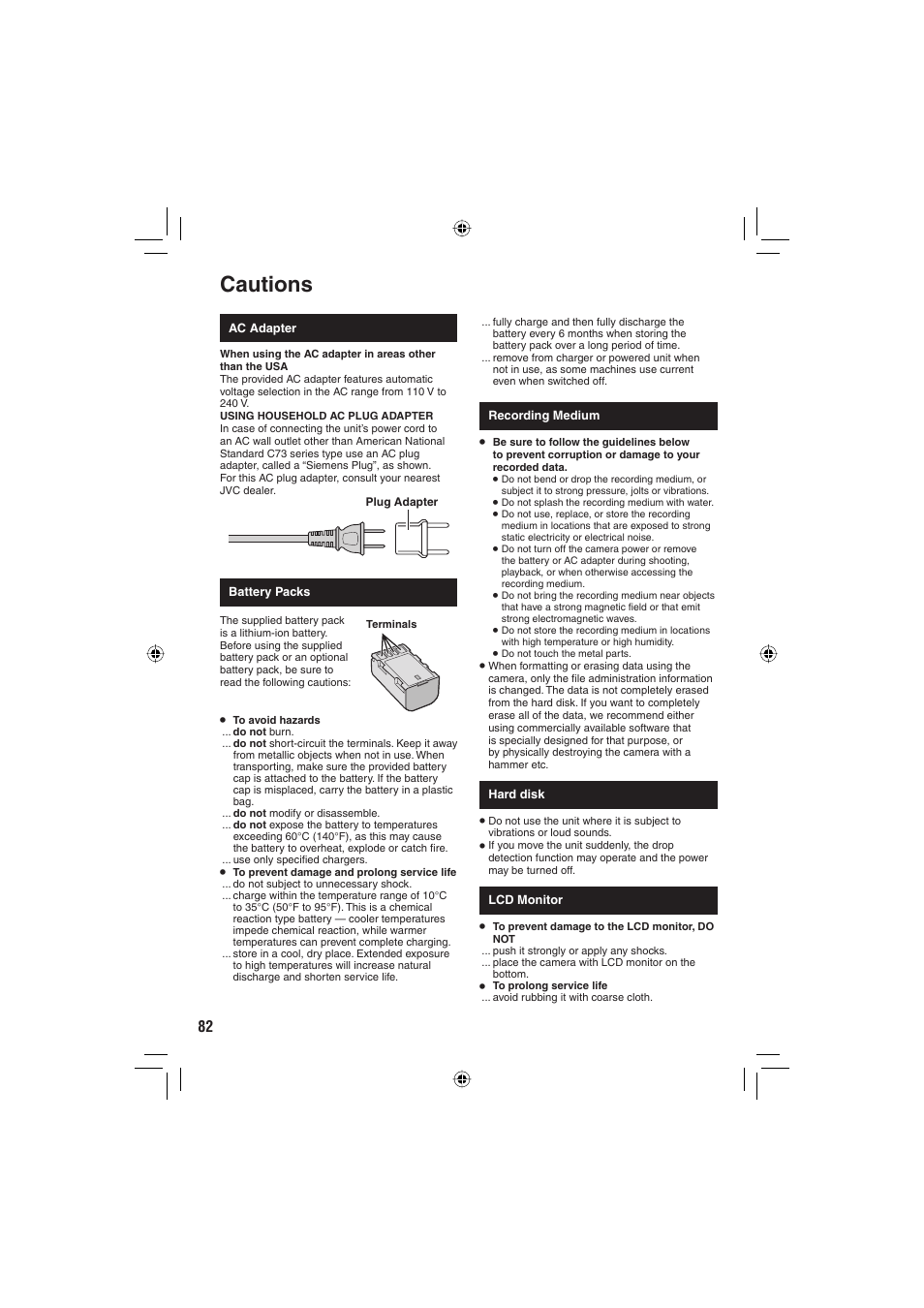 Cautions | JVC Everio GZ-HD6 User Manual | Page 82 / 84