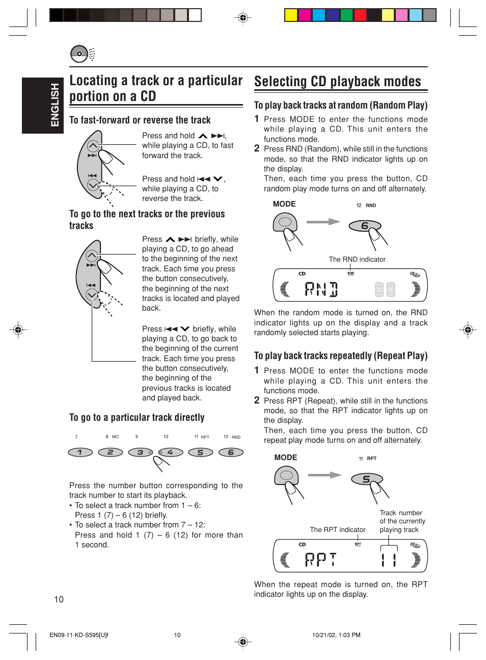 Locating a track or a particular portion on a cd, Selecting cd playback modes, English | JVC GET0117-001A User Manual | Page 10 / 24