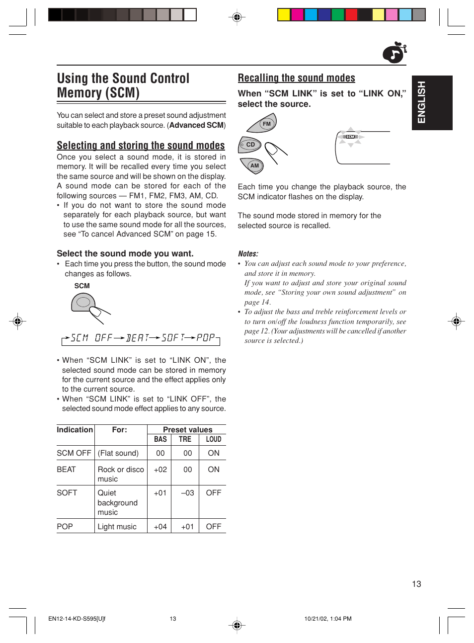 Recalling the sound modes, Selecting and storing the sound modes, English | JVC GET0117-001A User Manual | Page 13 / 24