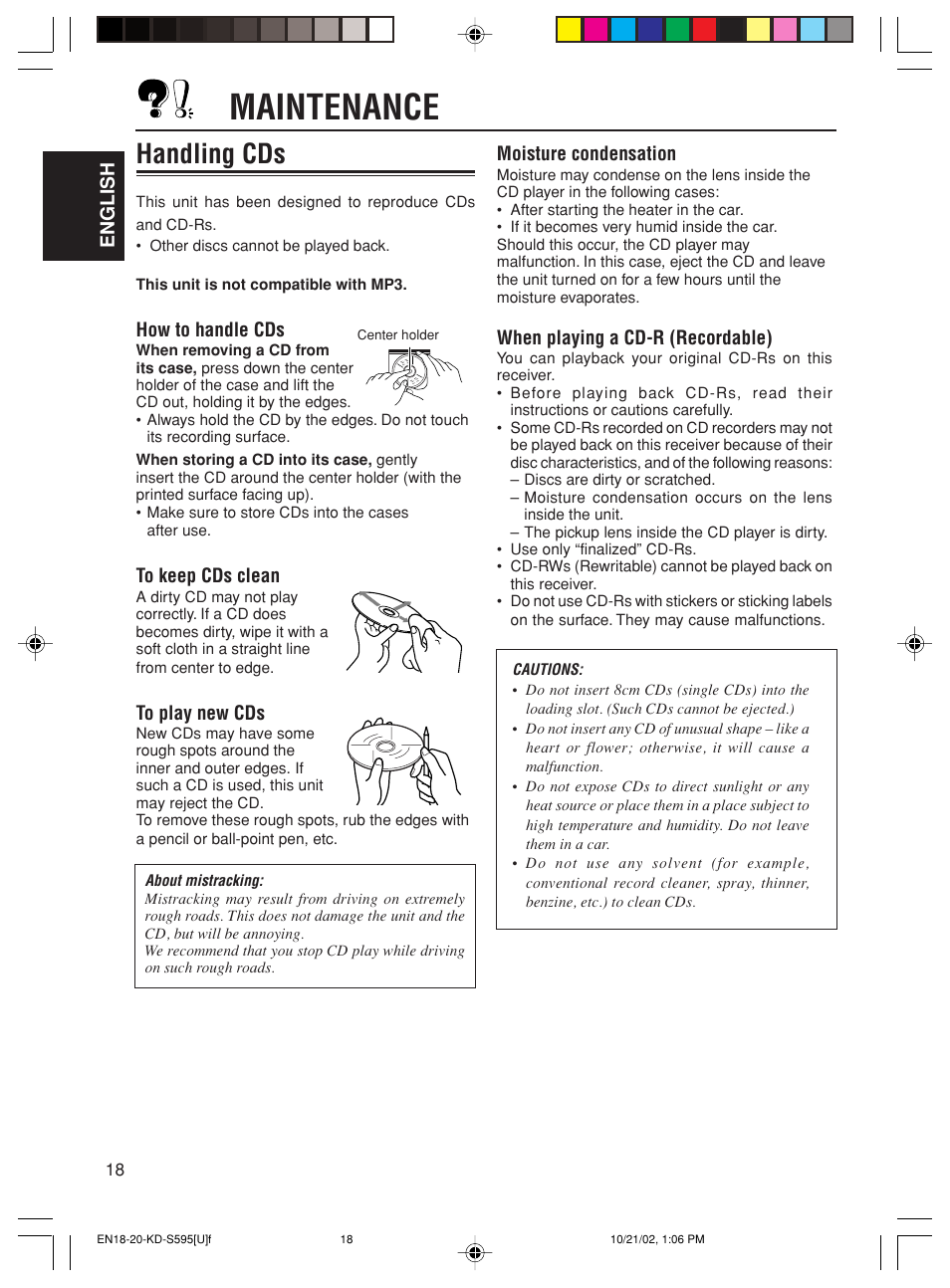 Maintenance, Handling cds | JVC GET0117-001A User Manual | Page 18 / 24