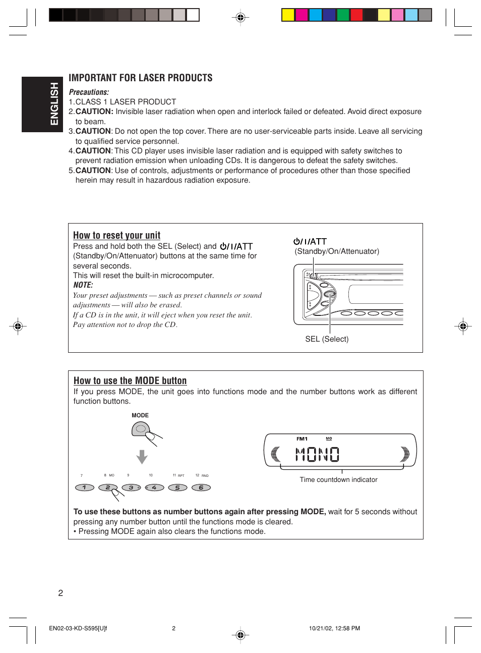 Important for laser products, How to reset your unit, How to use the mode button | English | JVC GET0117-001A User Manual | Page 2 / 24