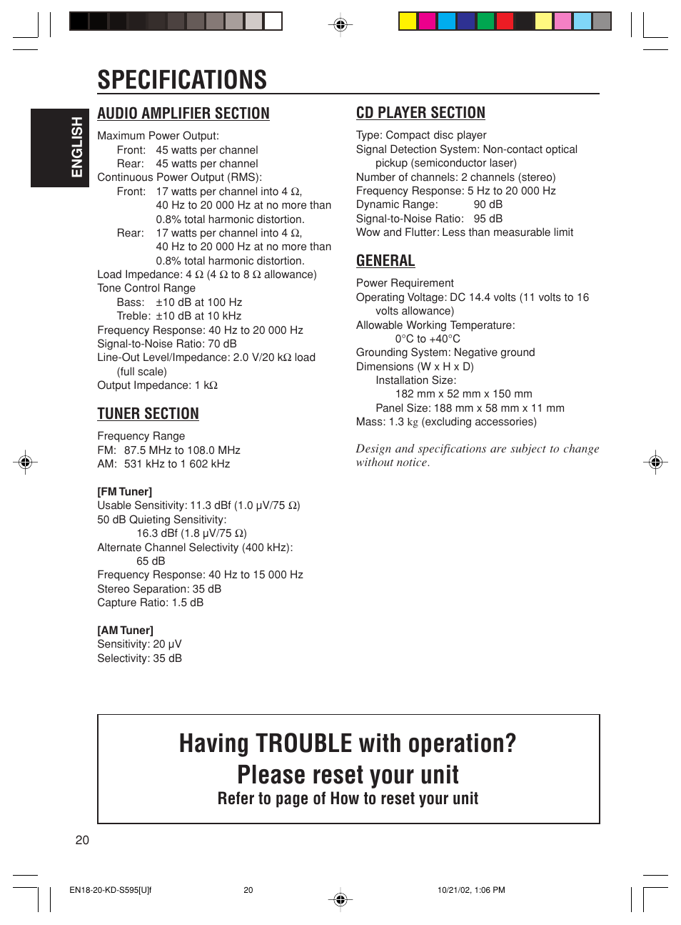 Specifications, Refer to page of how to reset your unit, General | JVC GET0117-001A User Manual | Page 20 / 24