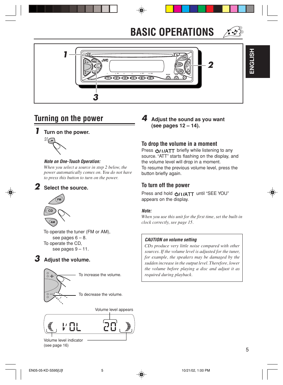 Basic operations, Turning on the power 1, English | JVC GET0117-001A User Manual | Page 5 / 24