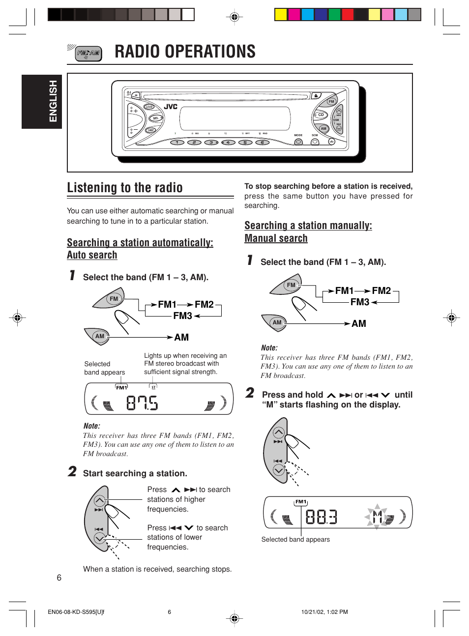 Radio operations, Listening to the radio, Searching a station automatically: auto search | Searching a station manually: manual search, English, Fm1 fm2 fm3 am | JVC GET0117-001A User Manual | Page 6 / 24