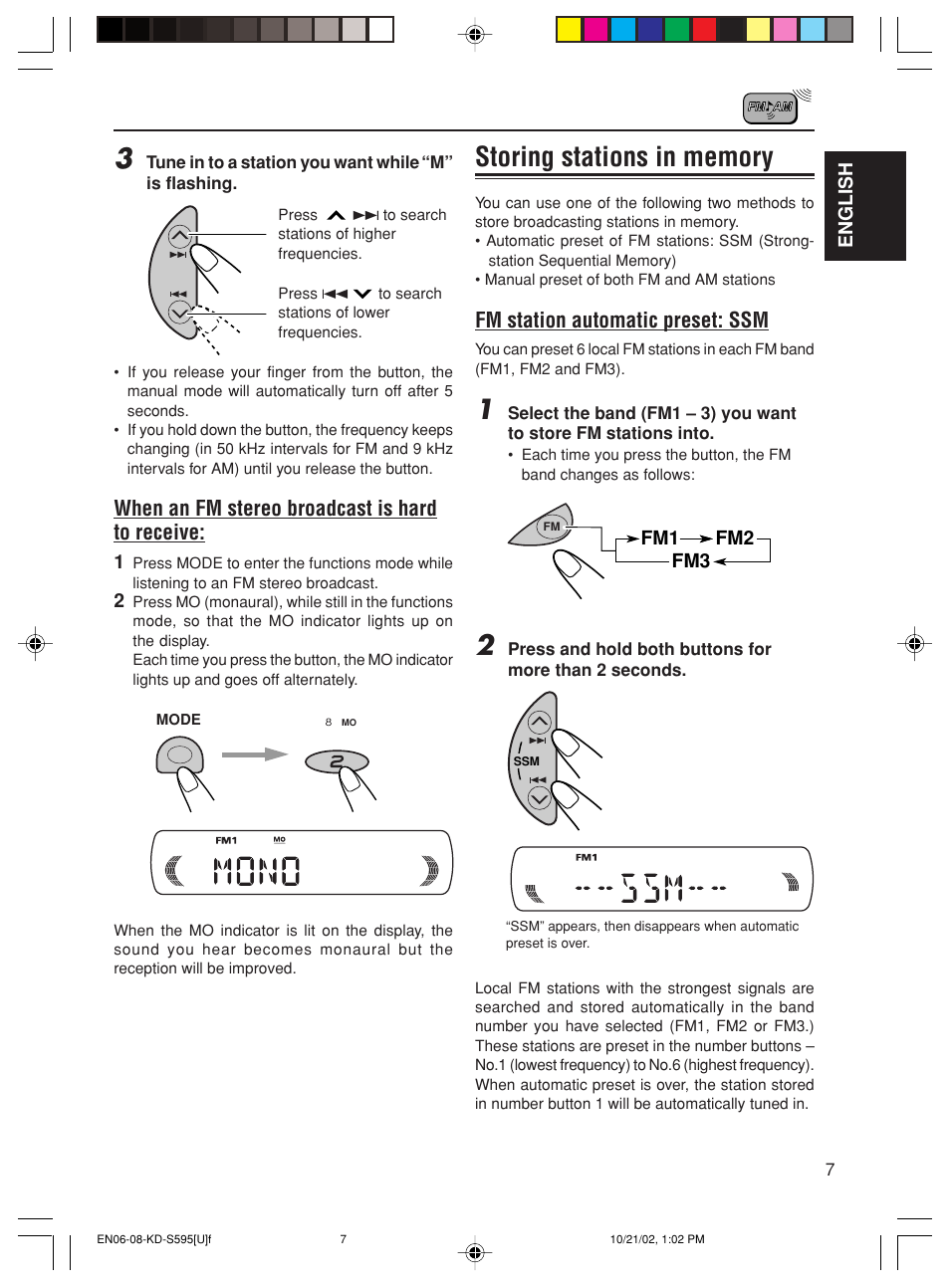 When an fm stereo broadcast is hard to receive, Fm station automatic preset: ssm | JVC GET0117-001A User Manual | Page 7 / 24