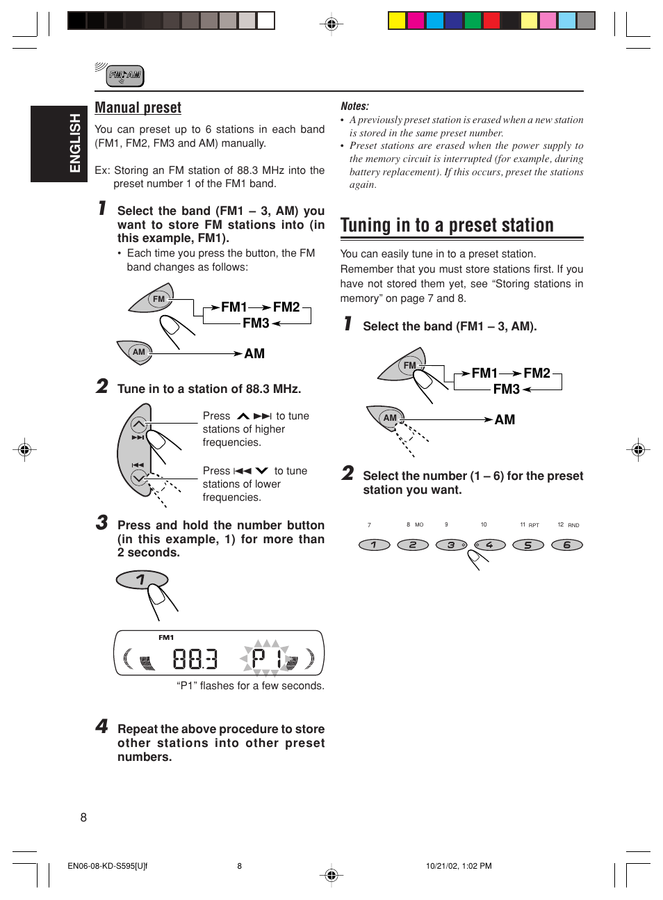 Tuning in to a preset station, Manual preset, English | Fm1 fm2 fm3 am | JVC GET0117-001A User Manual | Page 8 / 24