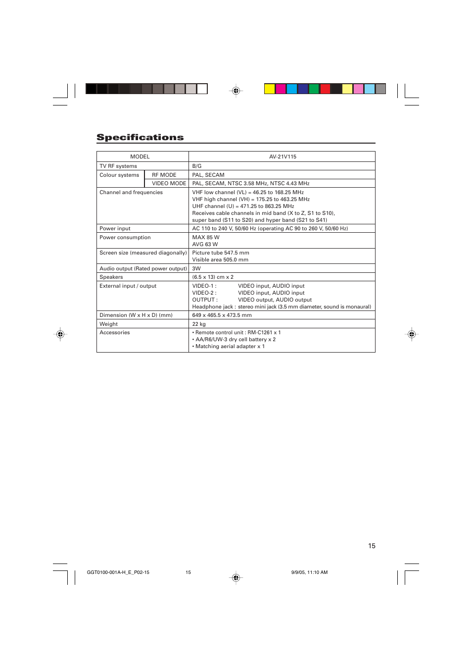 Specifications | JVC AV-21V115 User Manual | Page 15 / 16