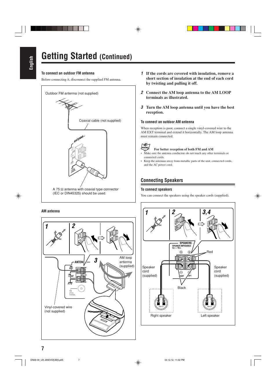 Getting started, Continued), Connecting speakers | English | JVC UX-J99DVD User Manual | Page 10 / 96