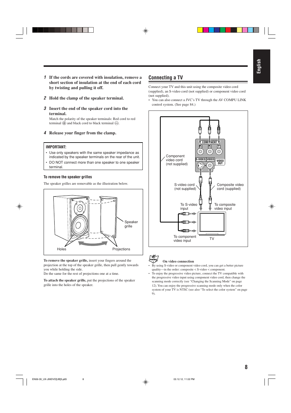 Connecting a tv, English | JVC UX-J99DVD User Manual | Page 11 / 96