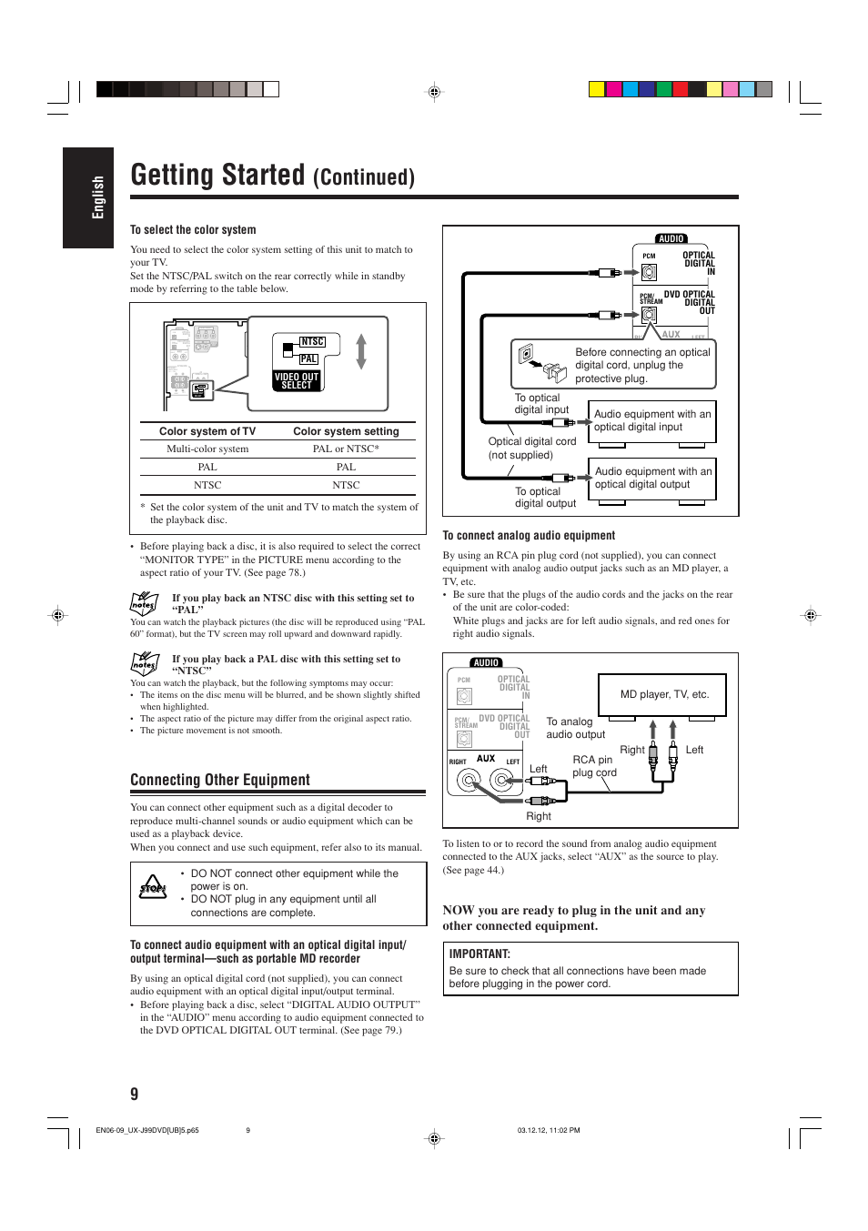 Getting started, Continued), Connecting other equipment | English, Important | JVC UX-J99DVD User Manual | Page 12 / 96