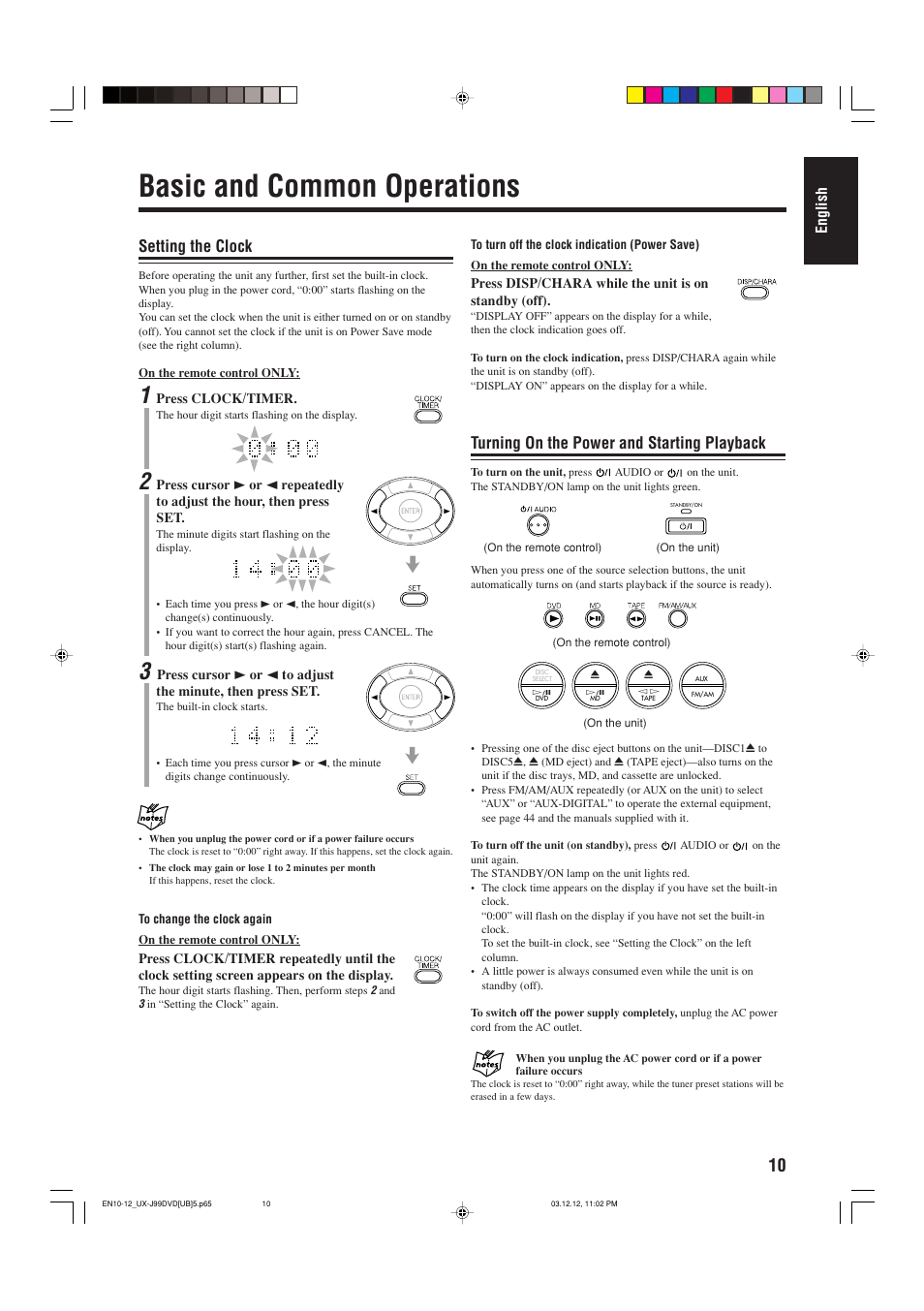 Basic and common operations, Setting the clock, Turning on the power and starting playback | English | JVC UX-J99DVD User Manual | Page 13 / 96