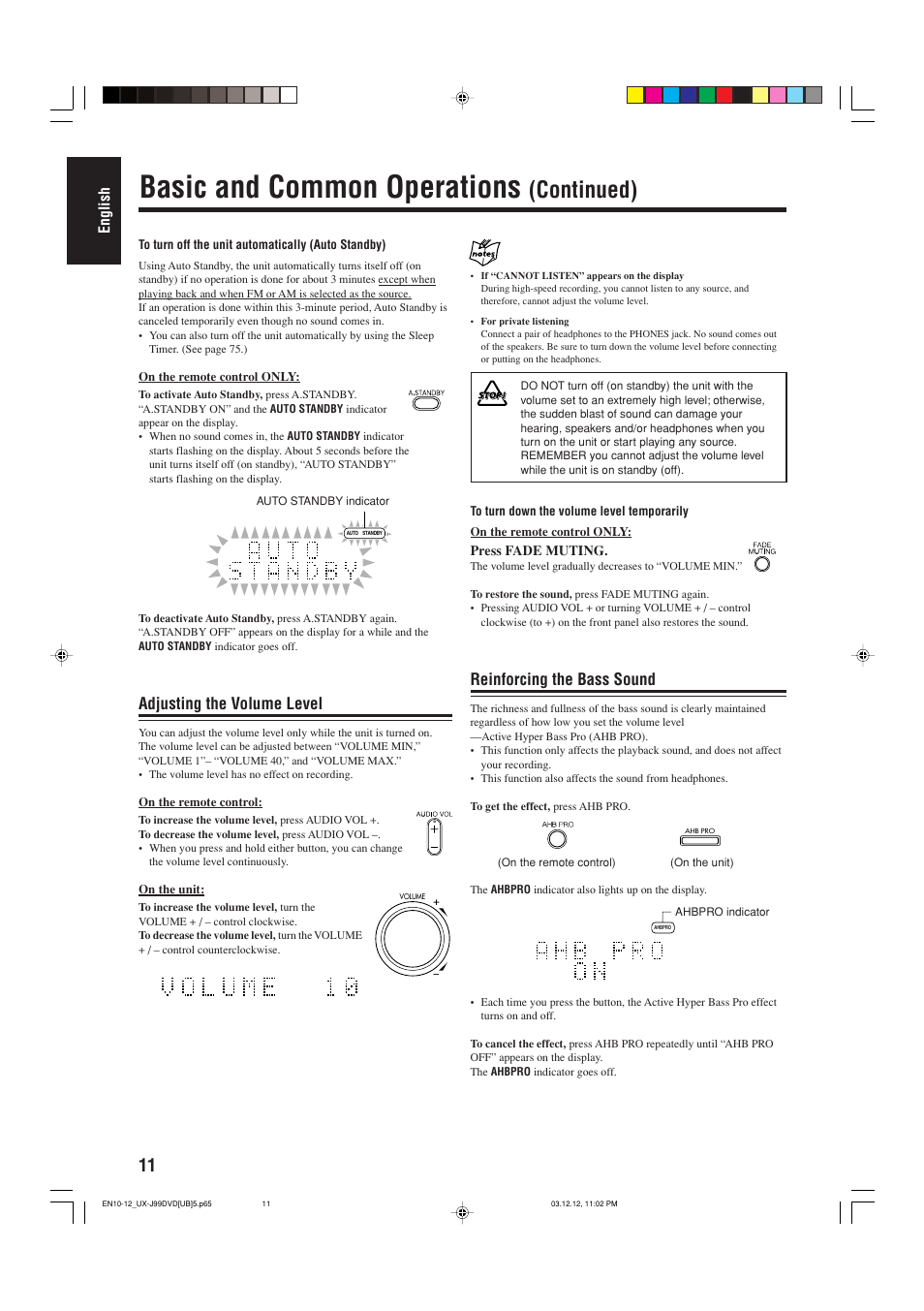 Basic and common operations, Continued), Reinforcing the bass sound | Adjusting the volume level, English | JVC UX-J99DVD User Manual | Page 14 / 96