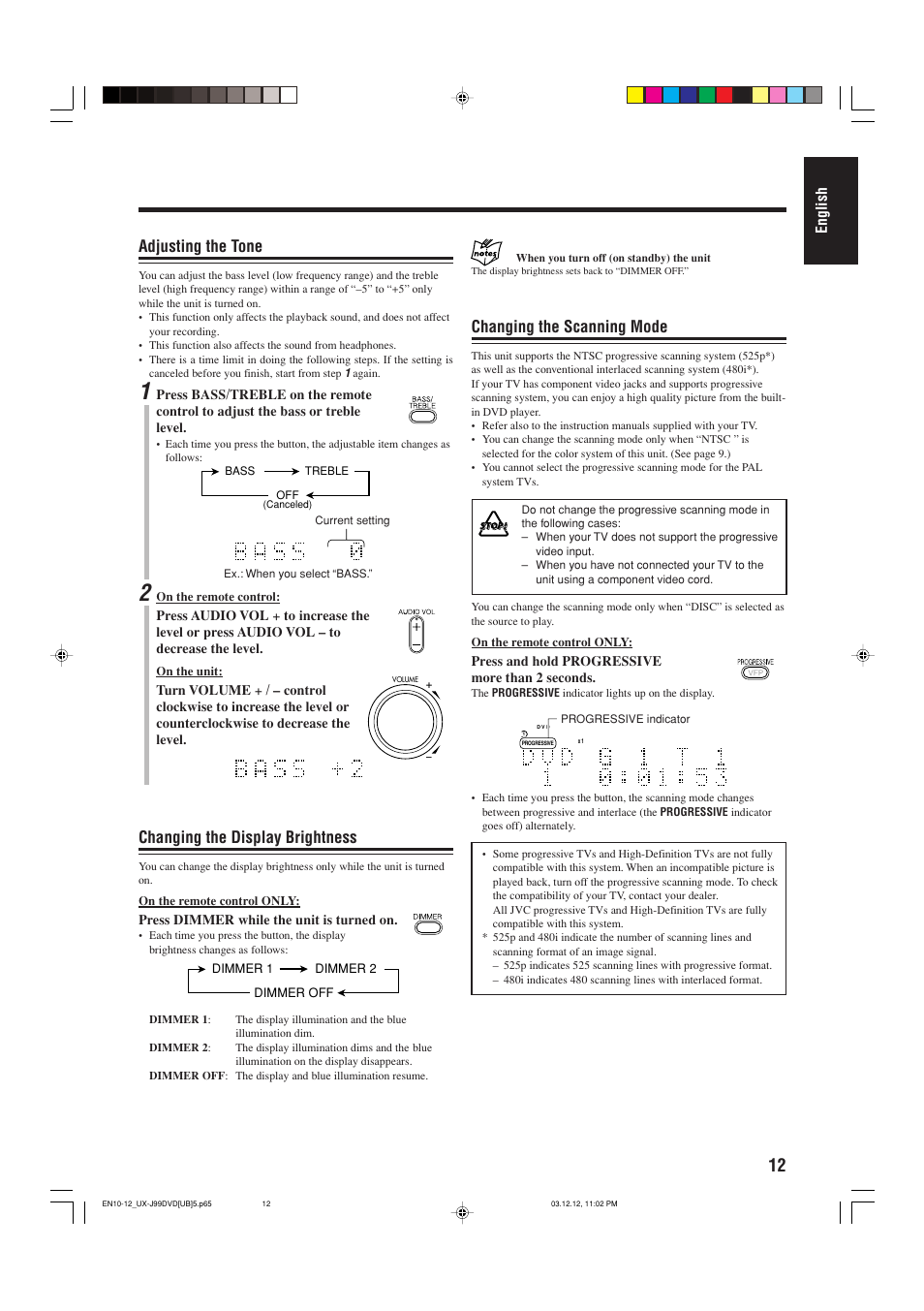 Changing the scanning mode, Adjusting the tone, Changing the display brightness | English | JVC UX-J99DVD User Manual | Page 15 / 96