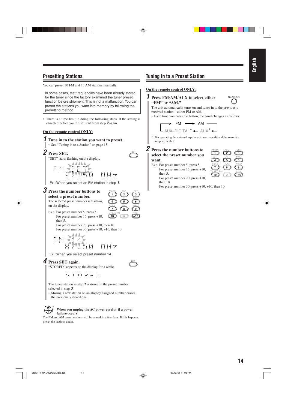 Presetting stations, Tuning in to a preset station | JVC UX-J99DVD User Manual | Page 17 / 96