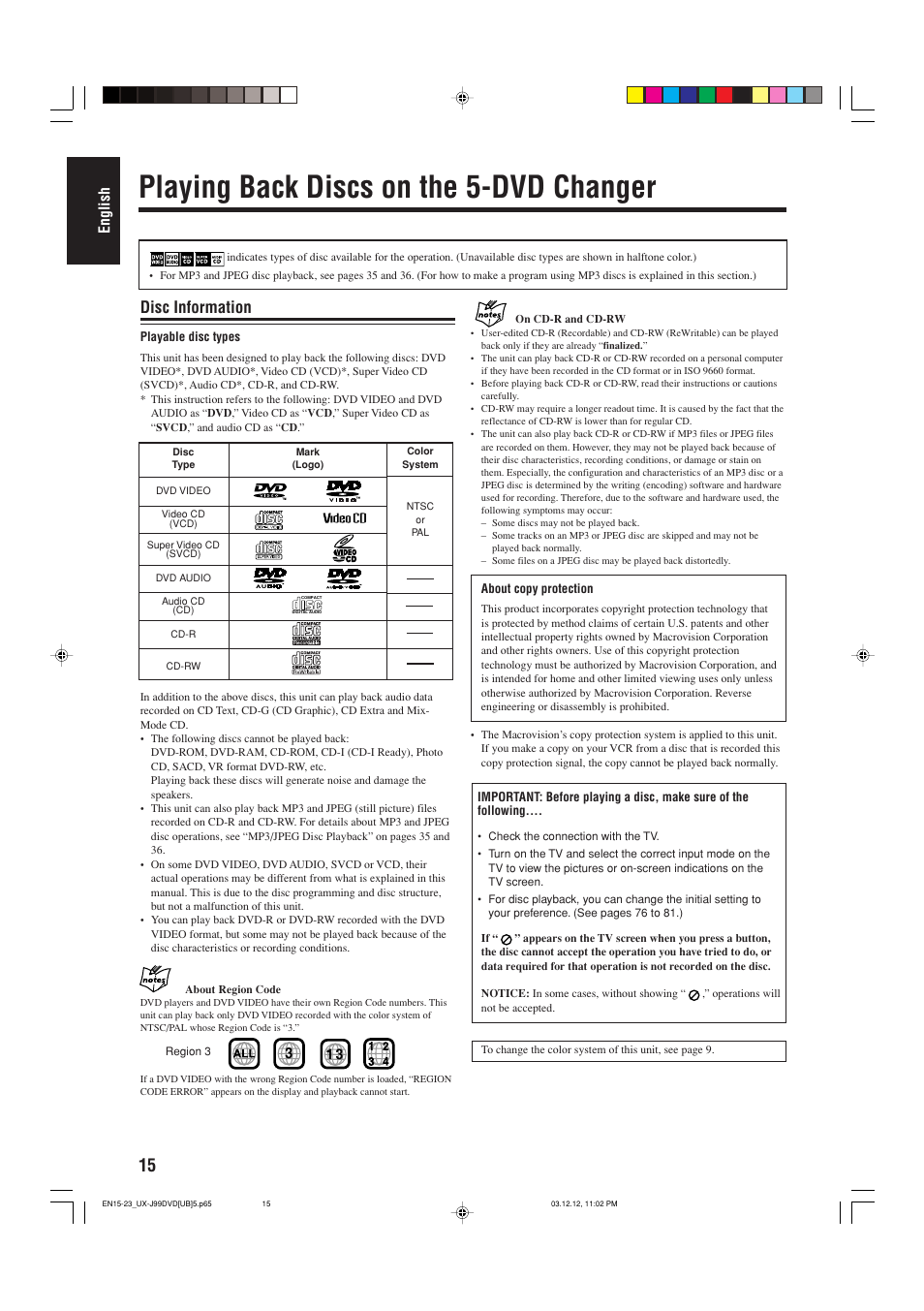 Playing back discs on the 5-dvd changer, Disc information, English | JVC UX-J99DVD User Manual | Page 18 / 96