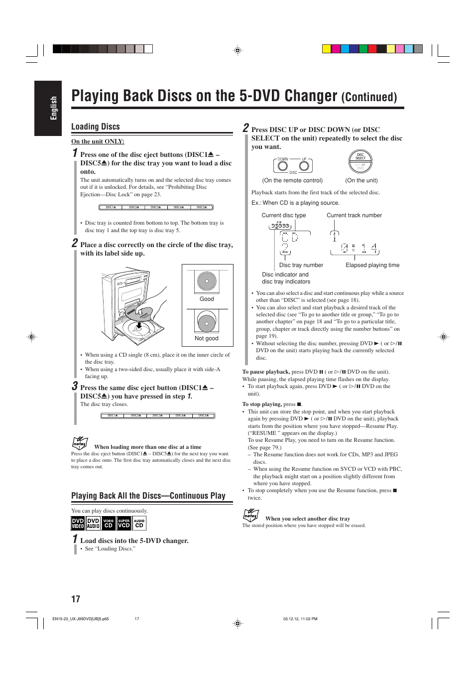 Playing back discs on the 5-dvd changer, Continued), Loading discs | Playing back all the discs—continuous play, English | JVC UX-J99DVD User Manual | Page 20 / 96