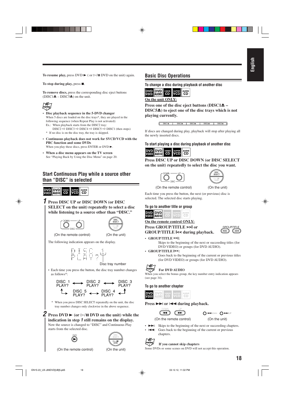 Basic disc operations, English, Press ¢ or 4 during playback | JVC UX-J99DVD User Manual | Page 21 / 96