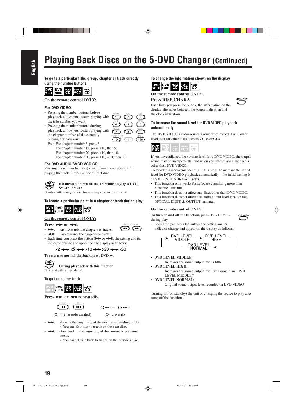 Playing back discs on the 5-dvd changer, Continued) | JVC UX-J99DVD User Manual | Page 22 / 96